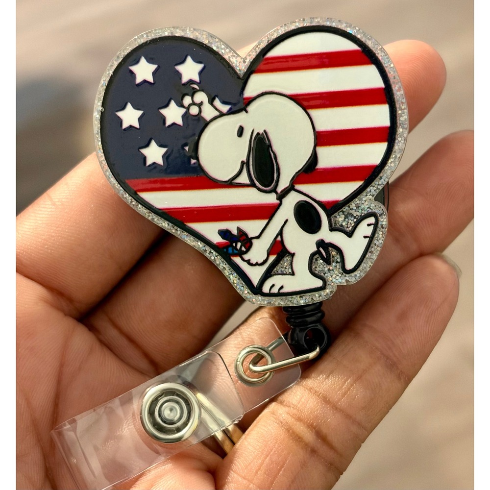Snoopy Patriotic American Flag Heart Retractable Badge Reel ID Holder Nurse Gift